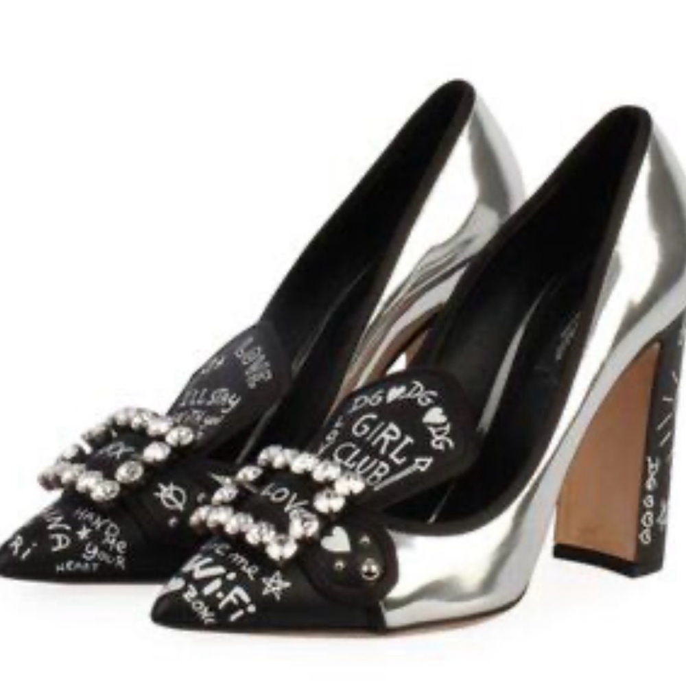 Dolce & Gabbana Silver and Black Heels with Crystal Embellishment